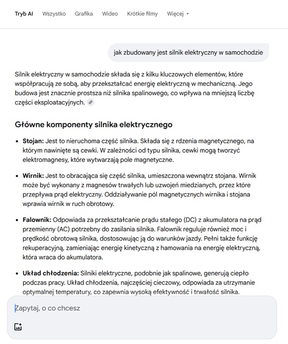wynik odpowiedzi w trybie ai mode