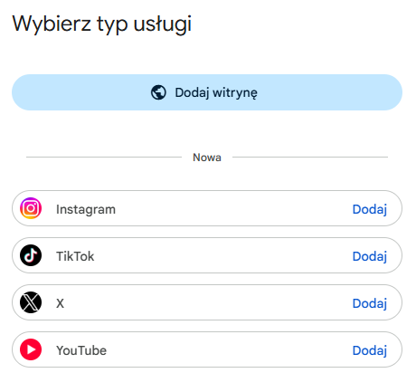 wybierz typ usługi w google search console